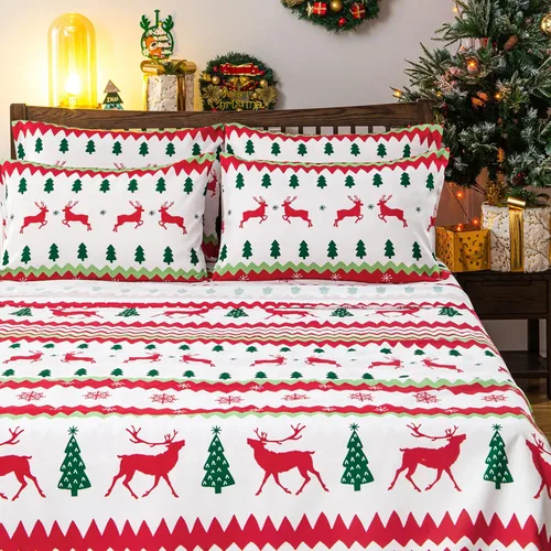 Miniatura 22 de BYSURE Juego de sábanas estampadas de reno y árbol de Navidad, 6 piezas (tamaño King, árbol de Navidad), ropa de cama de microfibra con bolsillo