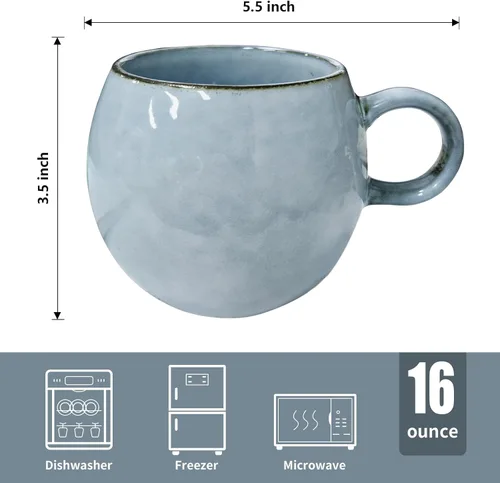 Miniatura 4 de Taza de café grande de cerámica de 16 onzas, sin plomo, redonda, con asa, taza de té vintage para oficina en casa, apta para microondas y Azul