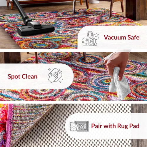 Miniatura 3 de nuLOOM Kindra Multicolor/Rojo, 7'10" Cuadrada, Círculos Bohemios, Suave y Acogedora, Alto Tráfico, Resistente a Manchas, Fácil de Limpiar, Alfombra