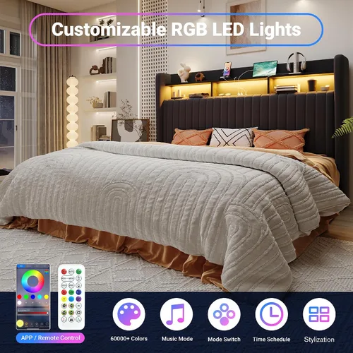 Miniatura 5 de Allewie Marco de cama de almacenamiento hidráulico elevable, tamaño King, cabecero de estante de 2 niveles con luces LED y estación de carga, Negro