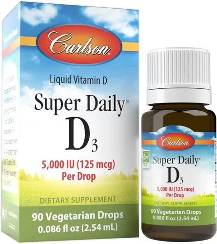 Carlson - Super Daily D3 5,000 UI (125 mcg) por gota, gotas de vitamina D, apoyo inmunológico, salud cardíaca, vitamina D3 líquida, sin sabor, 90