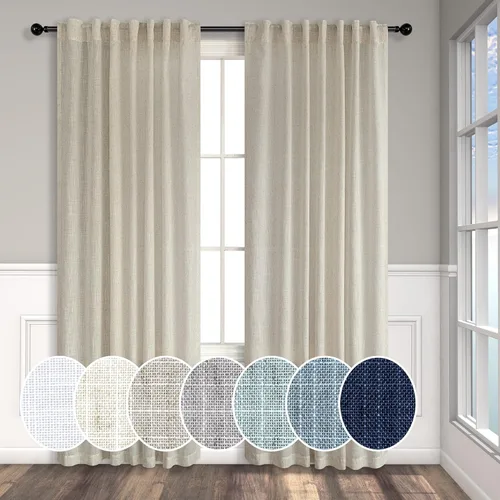 Miniatura 296 de Cortinas de lino gris claro, 2 paneles, presillas traseras, bolsillo para cortinero, semitraslúcidas, ahorran energía, estilo rústico, arpillera