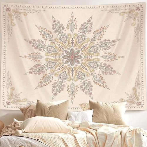 Miniatura 5 de Neasow Tapiz bohemio para colgar en la pared, tapiz floral beige y blanco con estampado de medallón, decoración bohemia para dormitorio, blanco
