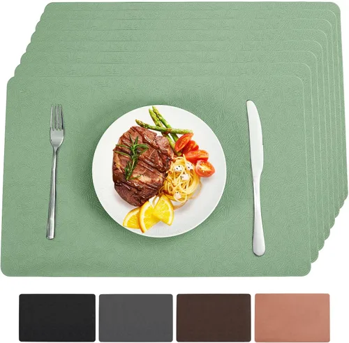 Miniatura 17 de Juego de 6 manteles individuales de vinilo, resistentes al calor, fáciles de limpiar, antideslizantes, para mesa de comedor, piel sintética, Negro
