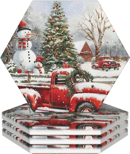 Juego de 4 posavasos de invierno de Navidad para bebidas, camión rojo, árbol de Navidad, posavasos de cerámica absorbentes para mesa de café, bar,