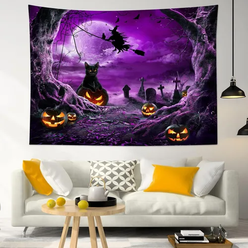 Miniatura 13 de LB Tapiz espeluznante de cementerio de Halloween, lápida aterradora con árboles muertos, tapiz de bosque para colgar en la pared, tapiz de fondo