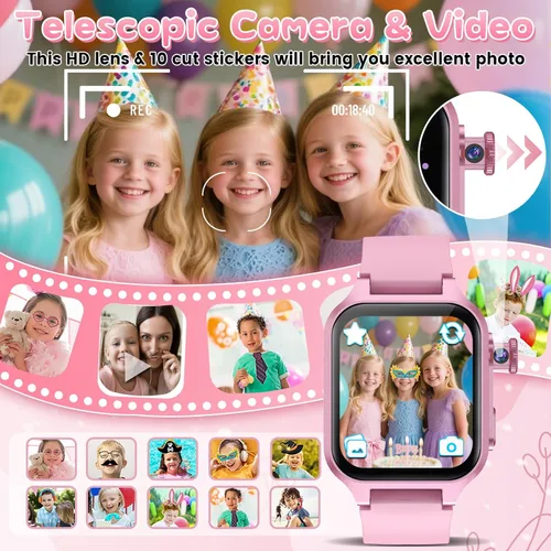 Miniatura 3 de Reloj inteligente de juegos para niños con 32 juegos, cámara telescópica, podómetro, alarma, video, música, audiolibro, tarjeta de aprendizaje, Rosa