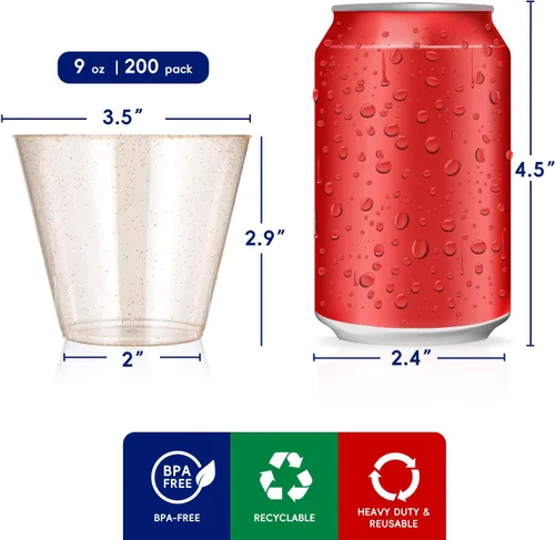 Miniatura 2 de JOLLY CHEF Paquete de 200 vasos de plástico con purpurina de 9 onzas, vasos dorados desechables, vasos de plástico transparente para boda, Acción