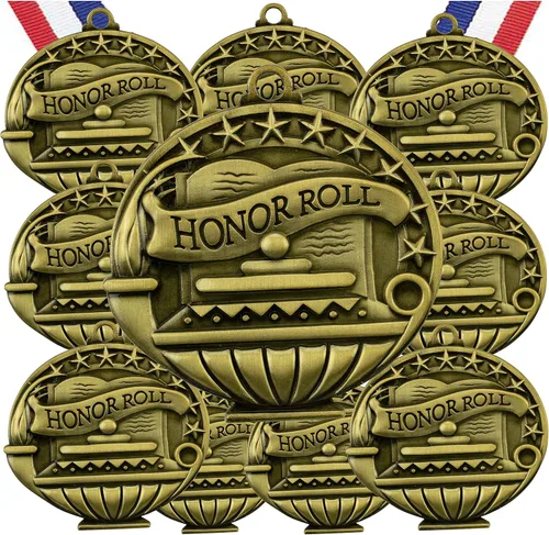 Miniatura 12 de Express Medals Pack of 10 (or More) Engraved Scholastic Honor Roll Award Medals with RWB Neck Ribbons