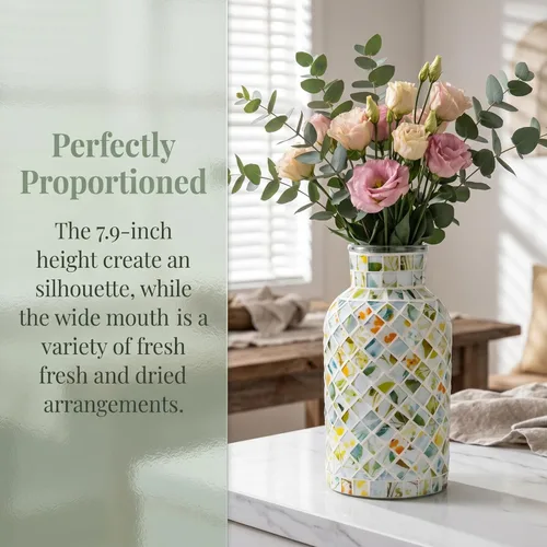 Miniatura 2 de Jarrón verde de vidrio de mosaico hecho a mano, florero floral de vidrio templado de 7.9 pulgadas con arte de azulejos diagonales de 45°, florero