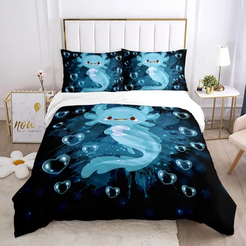 HOSIMA Axolotl - Juego de ropa de cama Kawaii para decoración de dormitorio de niños, juego de funda de edredón de 3 piezas, 1 funda de edredón con