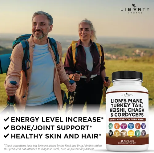 Miniatura 6 de Liberty Lifestyle Suplemento de Hongo Melena de León con Cola de Turquía, Reishi, Cordyceps, Chaga y Raíz de Malvavisco - Pack de 3
