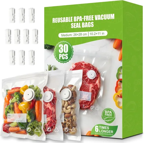 Miniatura 10 de RIWUSI 30 bolsas selladoras al vacío reutilizables para alimentos con válvula de aire y 10 clips de sellado, pequeñas (8.2 x 8.7 pulgadas), bolsas