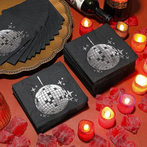 Miniatura 2 de Paquete de 80 servilletas de fiesta de discoteca, servilletas de cóctel de los años 70, 80, 90, suministros de reunión desechables, bola de disco