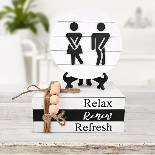 Miniatura 7 de Decoración de Estante de Baño Letreros Modernos y Divertidos para Decoración de Baño, Letreros Redondos 3D de Shiplap y Pila de Libros con 1 Planta