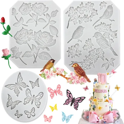 Paquete de 3 moldes de silicona para fondant de mariposa, rosas, tallos de flores, pájaros, flores, para hacer fondant de chocolate, gelatina,