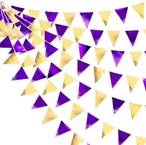Miniatura 60 de Decoración de fiesta iridiscente de 33 pies, tela holográfica, banderín triangular, banderín de algodón, guirnalda de banderines para cumpleaños