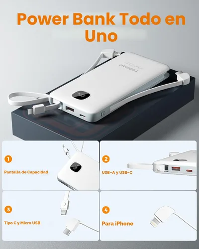 Miniatura 6 de Cargador portátil con cables integrados, cargador de batería TESSAN de 10000 mAh de carga rápida con cargador de pared plegable, paquete de batería