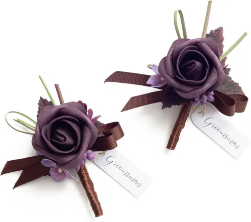 Miniatura 31 de Ling's moment Boutonniere para hombres, 2 piezas de novios, padrinos de boda, flores artificiales para bodas, bailes, regreso a casa, etc. Azul Azul