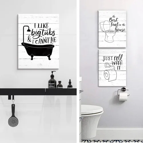 Miniatura 3 de Arte Gracioso de Baño en Lona para Pared en Blanco y Negro Juego de Inodoro y Tina Cartel Impreso en 3 Piezas Pintura de Citas de Baño Estilo Retro