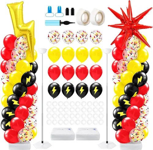 Miniatura 20 de Kasyat Juego de 2 soportes de columna de globos para fiesta de arañas con 2 arañas y 100 globos de látex rojos, azules y negros, soportes de arco