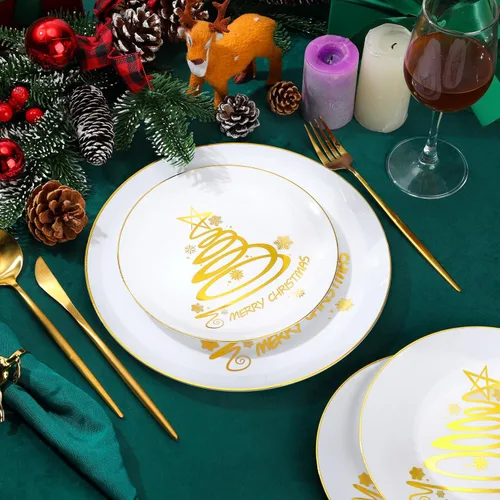 Miniatura 4 de EBOOT 60 piezas de platos de Navidad, platos de plástico de árbol de Navidad redondos desechables para postre y cena, suministros para fiesta
