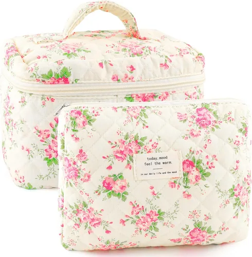 Miniatura 12 de URSKYTOUS Juego de 3 Bolsas de Maquillaje Acolchadas, Set de Bolsas de Cosméticos con Lazo para Viaje, Bolsa Grande de Maquillaje para Mujeres