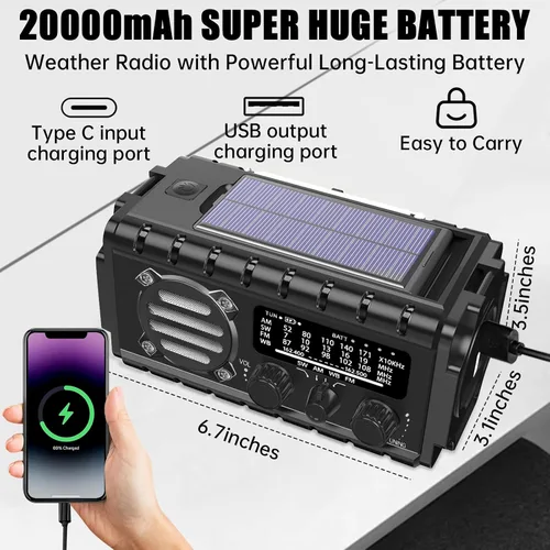 Miniatura 3 de Aivica Radio de Emergencia de 20000mAh, Radio Meteorológica SW/NOAA/AM/FM, Cargador de Manivela Solar con Batería Grande, Portátil, Carga