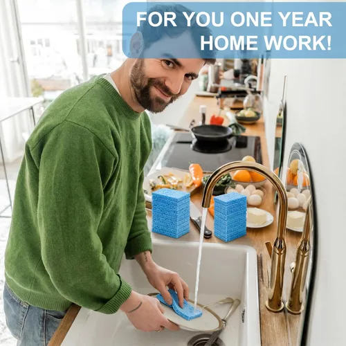 Miniatura 6 de Zhengmy 48 esponjas a granel, esponjas comprimidas de cocina, esponja natural para platos, limpieza de pulpa de madera comprimida sin rayar para Azul