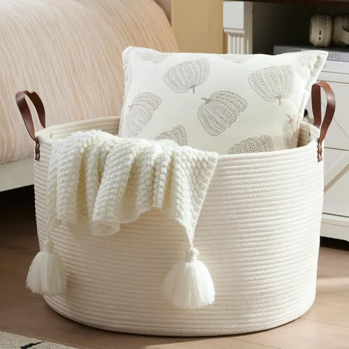Miniatura 7 de Luxury Little Cesta de almacenamiento extragrande para guardería, 20 x 20 x 13.8 pulgadas, 100 % algodón con asas, cesta de manta para juguetes