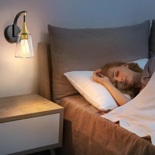 Miniatura 5 de Lámpara de pared de baño de 1 luz, lámpara de pared negra y dorada con pantalla de vidrio transparente, lámpara de pared moderna para interiores