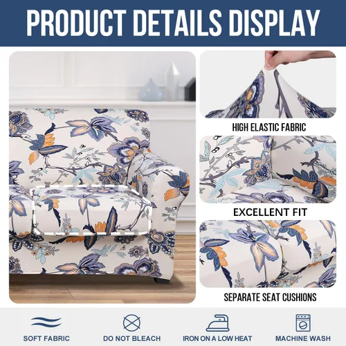 Miniatura 2 de hyha Funda para sofá, diseño floral, elástica, estampada, 4 piezas, fundas para sofá de 3 cojines separados, protector de muebles lavable para Beige
