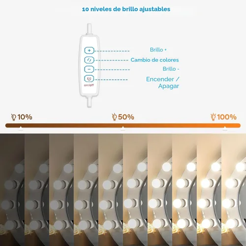 Miniatura 3 de Luces LED de tocador para espejo, luces de tocador adhesivas con 10 bombillas regulables, 3000K 4000K 6500K y 10 niveles de brillo ajustable, cable