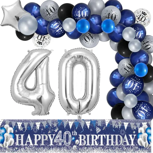 Miniatura 16 de Decoraciones de fiesta de cumpleaños 60, azul marino, plateado, pancarta de feliz cumpleaños 60 con 61 globos de látex, globos de aluminio