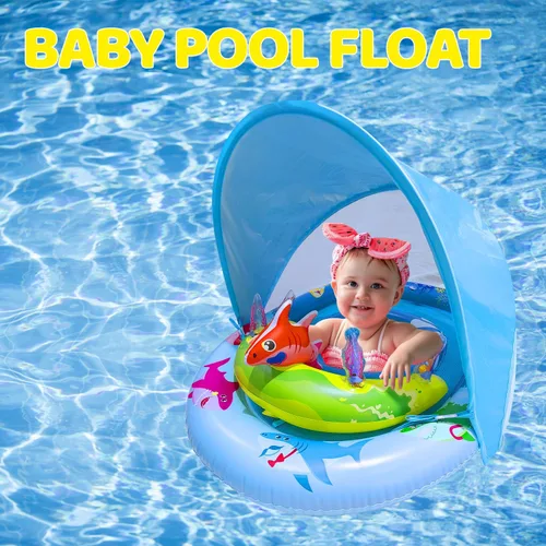 Miniatura 3 de Flotador de piscina para bebé con toldo UPF50+ y consola de juego de juguete oceánico, asiento de seguridad ajustable, flotador de natación