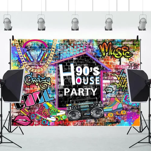 Miniatura 3 de Telón de fondo para fiesta de casa de los años 90, graffiti, pared de ladrillo, retro, patines de radio, pancarta de fotografía para cumpleaños