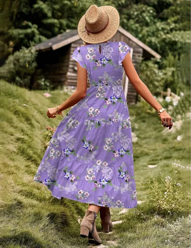 Miniatura 4 de YESNO Vestidos de verano para mujer, con volantes, manga casquillo, vestido casual bohemio con corpiño fruncido con bolsillos, E05