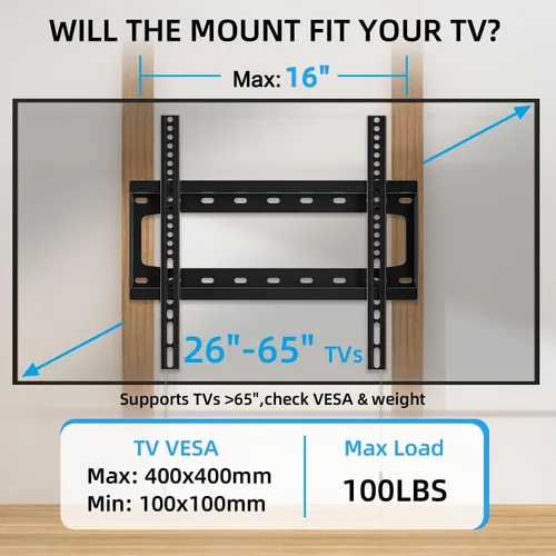 Miniatura 2 de HOME VISION Soporte de pared para TV fijo para la mayoría de televisores planos/curvados de 26-65 pulgadas con VESA máx. 400x400mm hasta 99 libras
