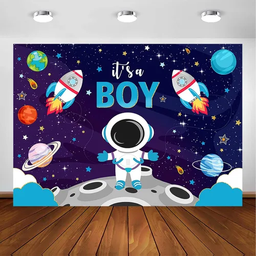 Avezano Telón de fondo para baby shower con texto en inglés "It's A Boy", astronauta azul, decoración de fiesta de baby shower, temática del