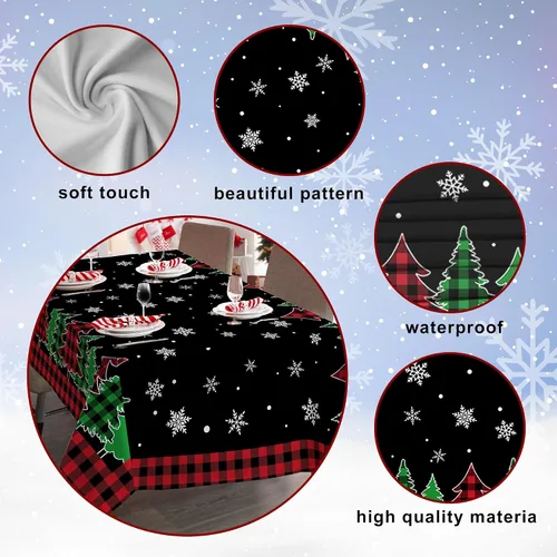 Miniatura 7 de pinata Mantel de Navidad de 60 x 84 pulgadas, mantel rectangular con árboles de Navidad, cuadros búfalo negro oblongo de invierno, Navidad y copos