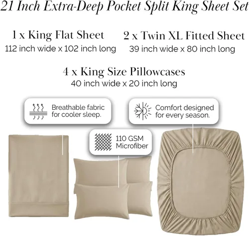 Miniatura 385 de Southshore Fine Living, Inc. Juego de 7 piezas de sábanas King divididas para cama ajustable, juego de sábanas King divididas con bolsillo de 21