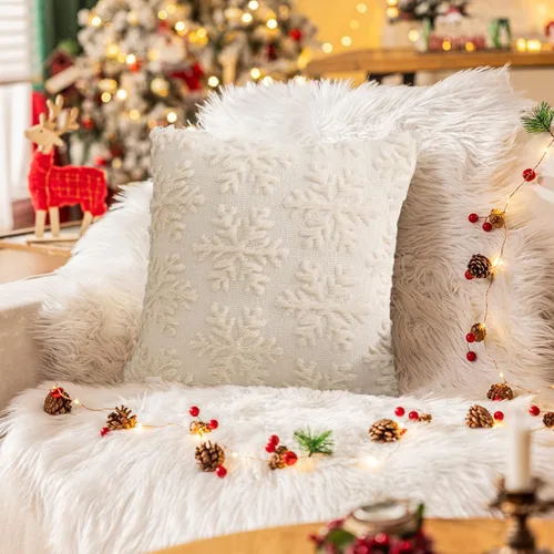 Miniatura 4 de Funda de cojín beige con copo de nieve navideño - 18 x 18 pulgadas de forro de pelo sintético - Juego de 2 fundas de cojín cuadradas bordadas