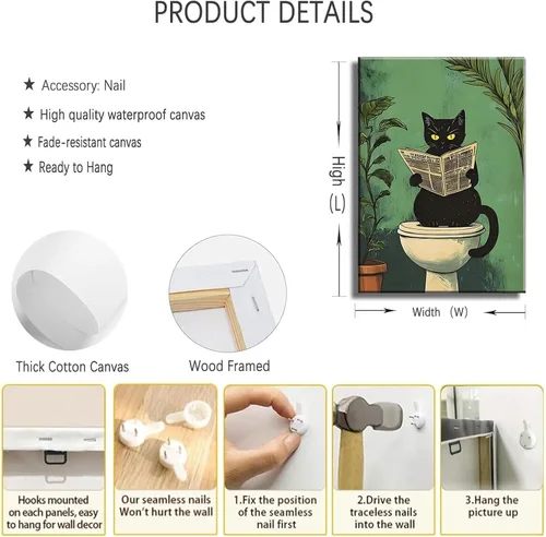 Miniatura 2 de 3 piezas de divertidos carteles de gato negro en lienzo para pared de baño Arte de pared vintage Gato se lava las patas leyendo el periódico