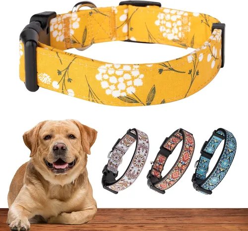 Miniatura 13 de Collar amarillo para perros pequeños, medianos y grandes - Algodón resistente, duradero, ajustable, collar fuerte y resistente - Ideal