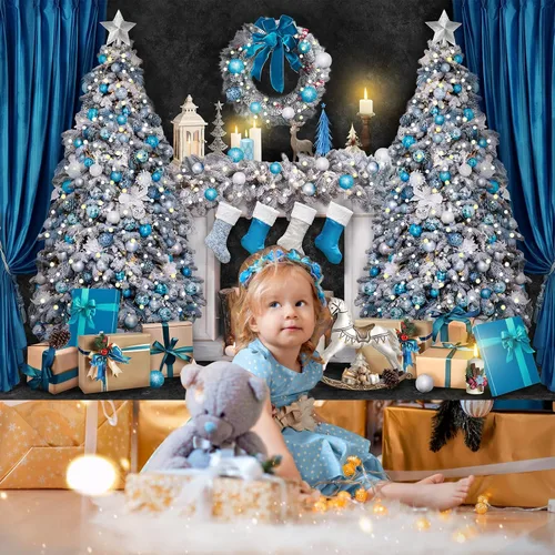 Miniatura 3 de Avezano Telón de fondo para chimenea de Navidad, cajas de regalo de juguetes, fondo de árbol de Navidad para fotografía, vintage, azul y blanco