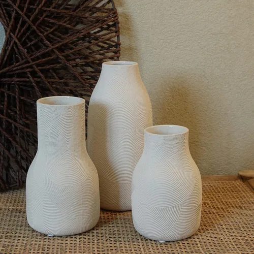 Miniatura 10 de Jarrones de cerámica para flores, juego de 3 jarrones acanalados blanco mate, jarrones decorativos para hierba de las pampas, decoración moderna