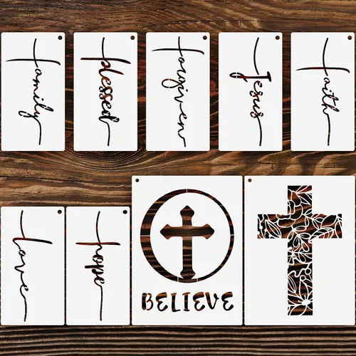 Tinlade Juego de 9 plantillas de cruz cristianas, plantillas cristianas Believe Jesús Perdonado, Cruz Religiosa, Reutilizable, Plantilla de Pintura