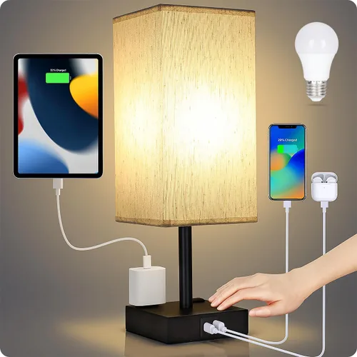 Miniatura 8 de Lámpara de mesa para dormitorio, lámpara táctil pequeña con puertos de carga USB C+A y salidas de CA, lámpara de mesita de noche regulable de 3 vías