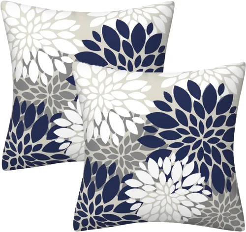 Miniatura 34 de Juego de 2 fundas de almohada decorativas de dalia azul marino, rojo, gris, dalia floral, para interiores y exteriores, funda de almohada