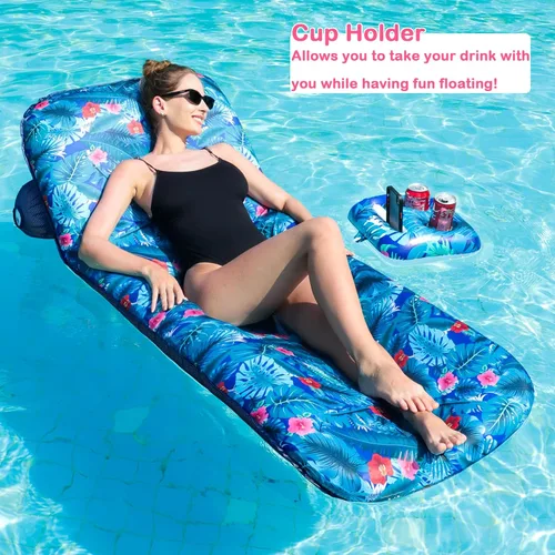 Miniatura 2 de FindUWill Tumbona inflable para piscina, flotador de tela con soporte para tazas, respaldo, flotadores de agua de natación para adultos